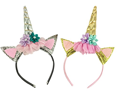 2 Pack Unicorn Horn Headband Flowers Ears Headbands for Party Decoration or Cosplay Costume or Girls - Perfect Unicorn Party Fantasy Favor