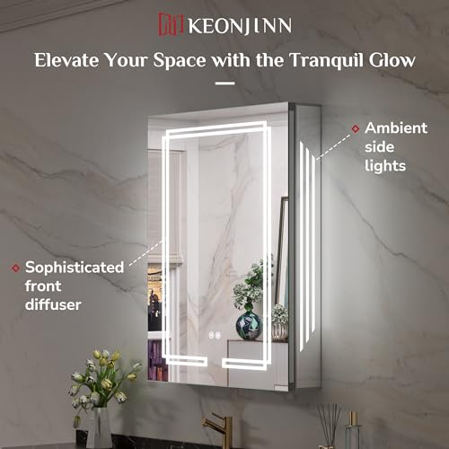 Keonjinn 30 x 32 Inch Lighted Medicine Cabinet with Lights, LED Medicine Cabinet Mirror for Bathroom, Tempered Glass, Adjustable Shelves, No Outlets, 3 Color Temperature, Anti-Fog, Surface Mount Only by Keonjinn - Image 4