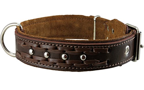 Genuine Leather Braided Studded Dog Collar, Soft Suede Padded Brown 1.5" Wide. Fits 17"-21" Neck. #TOP3