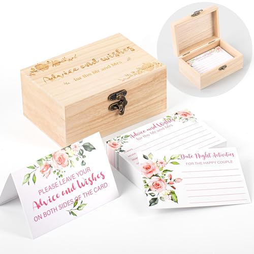 Lesnala 74Pcs Wedding Advice Wishes Cards with Wooden Box 4.7 X 3.15 Inch