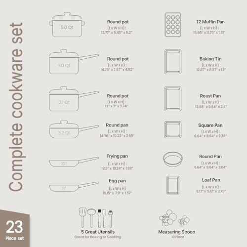 Pots and Pans Set, 23-Piece Non Stick Cookware & Bakeware Sets with Plaid Pattern, Stackable Design, Dishwasher Safe, Stain-resistant, Oven & All-Stove Safe, Tempered Glass Lid, Black by BAKKENMASTER - Image 2