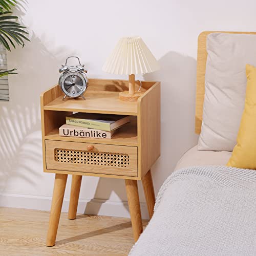 Eoyutlly Rattan Nightstand Side Table With Storage Drawer And Open Shelf, Bedside Table For Solid Wood Legs, Modern End Table For Living Room, Bedroom And Small Space, Natural #TOP1