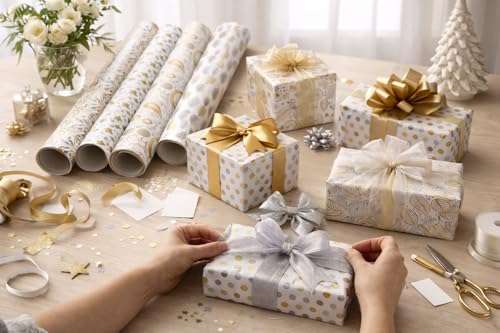Image of AccuPrints Pack of 12 Gift Wrapping Paper - Gift Paper - Gift Wrap Roll - Gift Papers Sheets -Premium Design Paper sheet for Gift Packing, Mix, Gold Theme (Gold Design,)