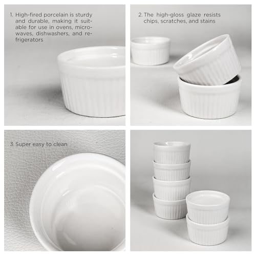 Mini Ramekins 1.5 oz Set of 6, Small Ceramic Bowls for Dips, Souffle, Creme Brulee, and Baking - Stackable Porcelain Ramekins Oven Safe, Microwave & Dishwasher Safe, Ideal for Desserts & Charcuterie Boards