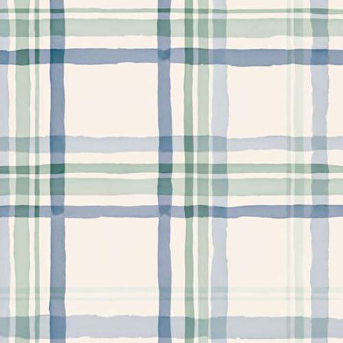 Kanworse Peel and Stick Wallpaper Soft Blue Green Watercolor Plaid Cream Contact Paper Removable Self Adhesive Wall Mural Wall Decor for Bedroom Kitchen Cabinets 17.7in x 394in