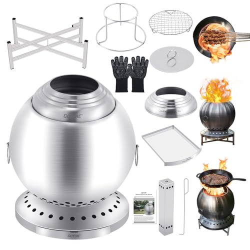Goture Rauchfreie Feuerschale Ø18cm mit Dreifachverbrennung 150% Effizienz, Kugel-Feuertonne mit Grillrost und Untergestell für 360° Wärme, Garten, Terrasse, Camping (Raucharm & Tragbar)