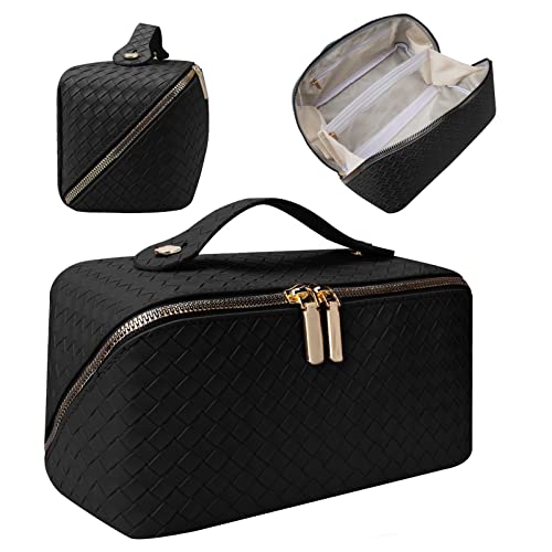 Make Up Tasche, Reise Kosmetiktasche mit großem Fassungsvermögen, tragbare wasserdichte Leder Kulturtaschen, Schminktasche Reise aufklappbar für Reisen, Berufung usw. (Flechten Serie, Schwarz)