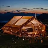 YOLENY 13x10 FT Inflatable Camping Tent with Stove Jack, 6-8 Person Air Glamping Tent with TPU Skylight, Mesh Windows & Pump, 300D Oxford Large Family Tent for Car Camping, Beige