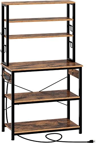 Rolanstar Baker's Rack with 4AC Power Outlet, Microwave Oven Stand with 10 Hooks, 6-Tier Kitchen Utility Storage Shelf, 31.5x15.7X 65.7 Inch, Stable Coffee Bar, Kitchen Rack Industrial, Rustic Brown