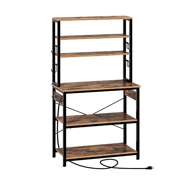 Rolanstar Baker's Rack with 4AC Power Outlet, Microwave Oven Stand with 10 Hooks, 6-Tier Kitchen Utility Storage Shelf, 31.5x15.7X 65.7 Inch, Stable Coffee Bar, Kitchen Rack Industrial, Rustic Brown