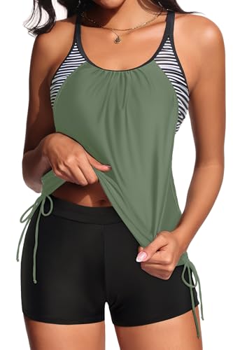 Holipick Army Green Striped Tankini Swimsuits for Women Two Piece Tummy Control Bathing Suits Blouson Tankini Top with Sporty Boy Shorts S