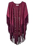 Choies Faux Suede Kimono Cape Fringed Asymmetric Cover up Shawl Burgundy