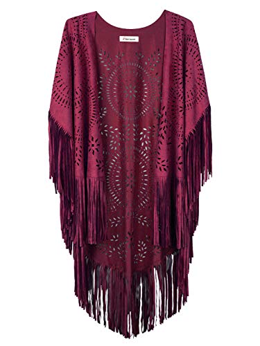 Choies Women's Fringe Kimomo Cover up Suedette Cut Out Laser Boho Poncho Shawl Cardigan Cape with Tassel