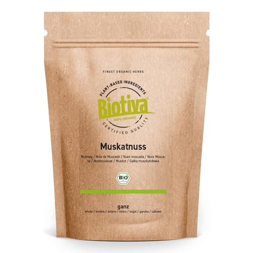 Biotiva Nuez moscada orgánica 10-12 piezas, 70 g - nuez moscada entera - elegido a mano, empacado y verificado en Alemania (DE-ÖKO-005)