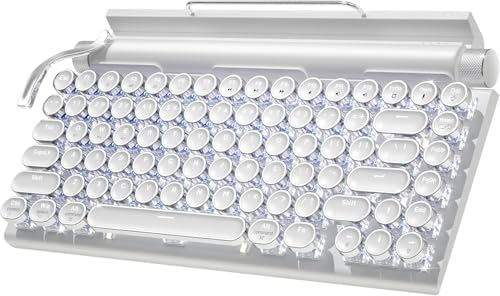 FARSEOMIX Retro Typewriter Wireless Mechanical Gaming Keyboard, Bluetooth 5.0 Office Computer Vintage Keyboards 83-Key Blue Switches Punk Round Keycap, LED Backlight, White