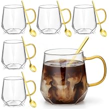 Layhit 6 Sets Glass Coffee Mugs with Handle Spoon 12 oz Clear Coffee Mugs Diamond Shaped Tea Cups Glasses for Milk, Latte, Cappuccino, Espresso, Cold or Hot Drinks