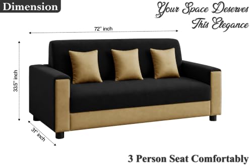 Image of 3 Seater Wooden Sofa | Velvet Fabric Couch with Cushions | Comfortable Living Room Sofa | Sturdy Wooden Frame | Home & Office Furniture | Black & Beige