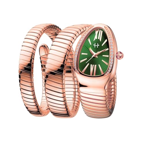 Serpentine Snake Watch For Woman with Spiral Bracelet, Quartz Roman Number Green Dial Watches For Woman, Stylish Analog Waterproof Serpenti Watches Women, Luxury Metal Bezel Rose Gold Watch For Women
