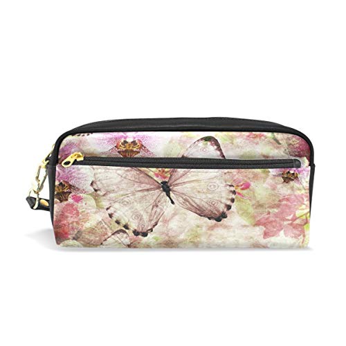 Preisvergleich Produktbild Federmäppchen Briefpapier Kosmetiktasche Schmetterlinge Orchideen Blumen Rosa gedruckt Reise Make-up Beutel Große Kapazität Wasserdichtes Leder 2 Fächer für Mädchen Jungen Frauen Männer
