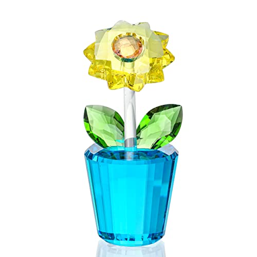 H&D Hyaline & Dora Gelbe Kristall-Sonnenblumen-Glasblume mit blauem Kristallsockel, Ornament, Hochzeit, Party, Zuhause, Garten, Büro, Arrangement, Tischdekoration, Schaustück, Geschenk