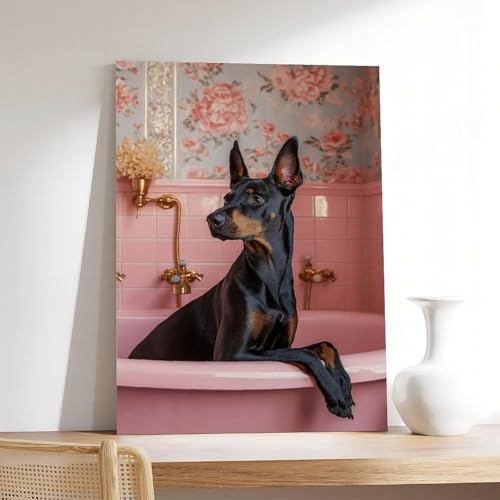 DSTRJ Dobermann in der Badewanne, Kunstposter auf Leinwand, Schlafzimmer, Dekoration, Landschaft, Büro, Raumdekoration, Geschenk, 30 x 45 cm