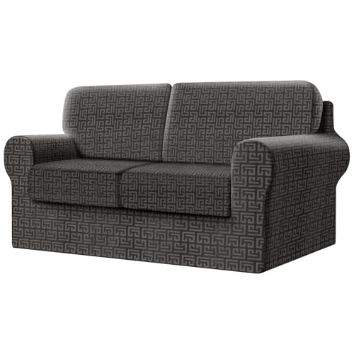 SYLC Fitted Sofa Cover 2 Seater, 5 Piece Sofa Slipcover With 2 Seat Cushion Covers And 2 Backrest Covers, Settee Covers Stretch Velvet Anaglyph(Grey,Loveseat - 5 PCS)