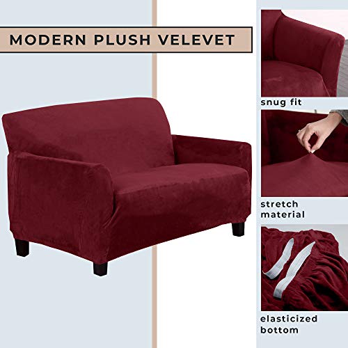 Great Bay Home Velvet Plush Stretch Loveseat Slipcover. Velvet Loveseat Furniture Protector, Soft Anti-Slip, High Stretch (Loveseat- 2 Seater, Zinfandel Red) #TOP2