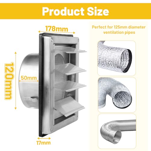 LALAGO Ventilation Grille 125 mm with Insect Protection Grille, 304 Stainless Steel Backflow Flap, Weather Protection Grille - Image 2