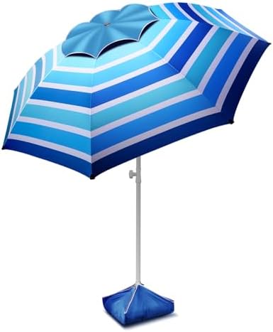 8FT Large Beach Umbrella, Portable Outdoor Umbrella with UPF50+ UV Protection, Sandbag, Air Vents, Sand Anchor, Push Button Tilt Pole, Windproof Sunshade Shelter for Beach, Sand, Patio, Yard, Blue
