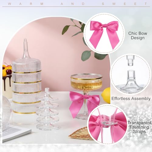 Acellegic Set of 24 Plastic Champagne Coupe Glasses with Bow 7 oz Gold Champagne Tower Set Stackable Acrylic Ribbed Martini Glasses Cocktail Coupe Cup for Wedding Birthday Party Bar(Ribbon,Hot Pink) by Acellegic - Used condition - Image 6