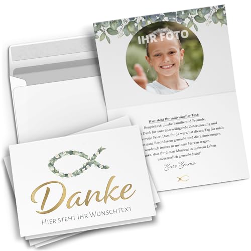 Einladungskarten Manufaktur Hamburg 10 Dankeskarten mit Text und Foto personalisiert - Danke Fisch Blüten - Dankeschön Karte Kommunion Konfirmation Taufe Hochzeit kirchlich mit Umschlägen