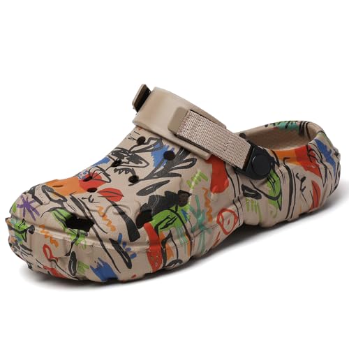 XJITIGER Graffiti Clogs for Men Women: Athletic Slippers - Waterproof Beach Sandals - Fashions Street Art House Shoes with Memory Foam Non-Slip Rubber Sole Khaki Graffiti 44
