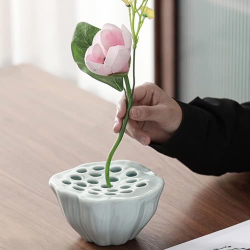 Lotus Pod Flower Arrangement Vase, Ceramic Flower Frog Pot, Ikebana Stem Holder, Decorative Flower Frog Container, Floral Arrangement Bowl for Tea Table, Ceramic Flower Vase Kenzan (Light Cyan) by Eggone - Used condition - Image 4