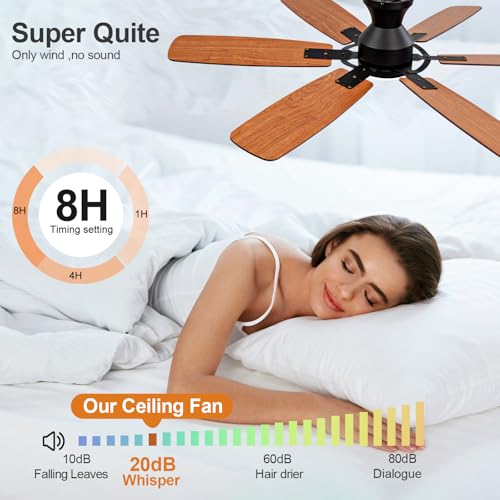 DELIHUA 52 Inch Black Ceiling Fans with Lights and Remote, Low Profile Flush Mount Modern Ceiling Fan with Light, 6 Blades, Dimmable, Reversible DC Motor, Indoor Outdoor Ceiling Fan for Bedroom Patio by DELIHUA - Image 6