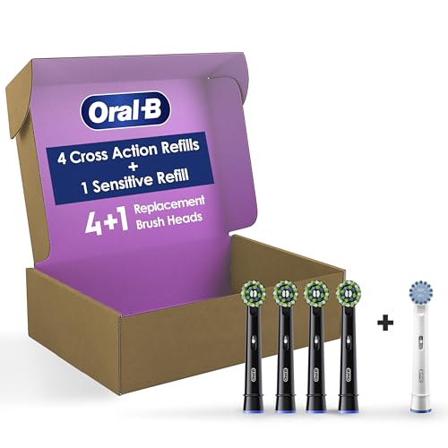 Oral-B CrossAction Electric Toothbrush Replacement Brush Heads, Black, 4 Count + 1 Sensitive White - image 1