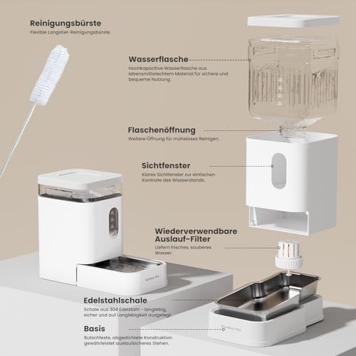 Gardner Pet 6.5L Automatischer Wasserspender, Schwerkraft-Tränke mit Edelstahlschüssel, Futterautomat für Hunde und Katze, große Kapazität Futterspender, BPA-frei, Keine Elektrizität, geräuschlos