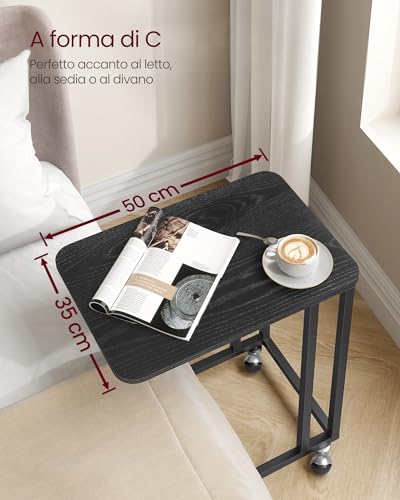 VASAGLE Tavolino da Letto con Ruote, Tavolino Mobile da Salotto, Comodino, Carrello, Soggiorno Camera da Letto, Struttura in Acciaio, Montaggio Facile, Nero Ebano LNT050B56 - Immagine 1