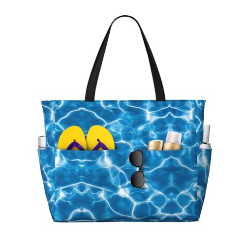 Owlfder Large Beach Bag for Women Blue Water Ripple Print Waterproof Sandproof Travel Shoulder Tote Bag with Pocket for Weekender Pool Vacation