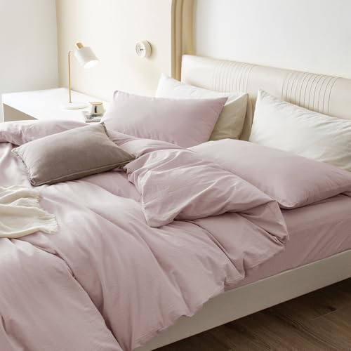 JIYUAN 100% Washed Cotton Duvet Cover Set 3 Pieces Queen, 1 Duvet Cover 90x90 Inches (Comforter Not Included) and 2 Pillowcases,Linen Feel Bedding Set Comfy and Breathable, Heathered Greyish Pink