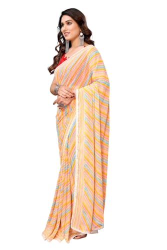 Image of ROOP SUNDARI SAREES Readymade Pleated Pre Drape Stitched Floral Printed Georgette Saree For Women's With Lace Border & Blouse(Ready To Wear One Minute)