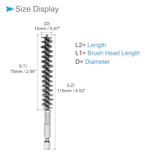 Image of Bore Brush, 12mm Dia 75mm Length, Stainless Steel Twisted Cleaning Wire Brushes with 1 /4 inch Hex Shank - (Applications: for Power Drill), 2-Pieces