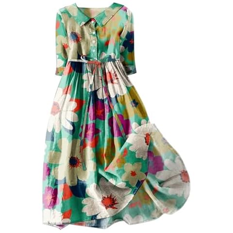 SHOPESSA Linen Dress Women 2024 Tie Dye Flowy Dress Elastic Wiast Half Sleeve Boho Dress Spring Dresses for Women Cover