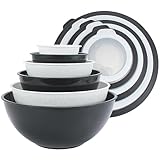 COOK WITH COLOR Mixing Bowls with TPR Lids - 12 Piece Plastic Nesting Bowls Set includes 6 Prep Bowls and 6 Lids, Microwave Safe Mixing Bowl Set (Black and White)
