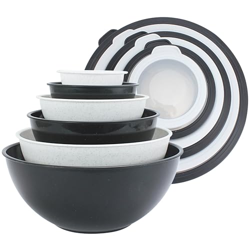 Image of COOK WITH COLOR Mixing Bowls with TPR Lids - 12 Piece Plastic Nesting Bowls Set includes 6 Prep Bowls and 6 Lids, Microwave Safe Mixing Bowl Set (Black and White)