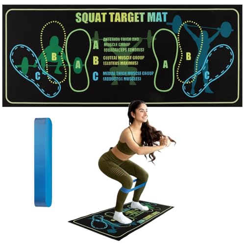 Squat Mat with Foot Position 31.5 x 13.8 Guided Training Pad for Proper Form 4 mm Thickness Squat Target Pad with A Resistance Band Non Slip Exercise Mat for Squats Leg & Abdominal Workouts
