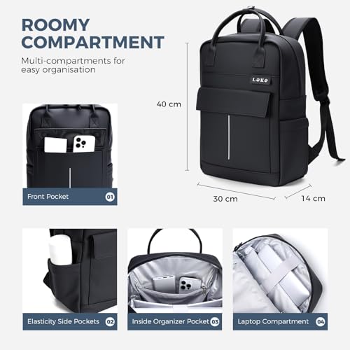 Lekespring Rucksack Wasserdicht Damen Herren, 15,6 Zoll Leder Laptop Schulrucksack mit Laptopfach, Groß Reiserucksack Arbeitstasche, Minimalistischer Backpack Women Elegant für Reise Uni Büro-Schwarz