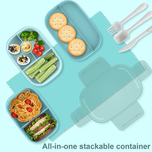 Jbgoyon® Bento Box Adult Lunch Box, 64Oz Stackable Kids Lunch Container, Modern Bento-Style Design Includes 3 Containers, Built-In Plastic Knives, Forks And Spoons (Green) #TOP1