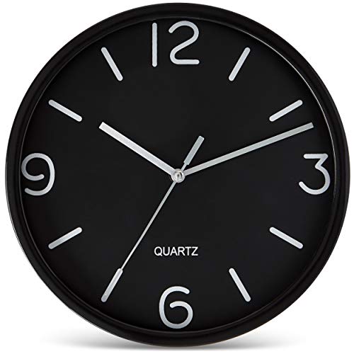 Bernhard Products Black Wall Clock 8 Inch Silent Non Ticking Quartz Battery Operated Easy to Read Decorative Round Sleek Design for Home Kitchen Bedroom Office Living Room Clocks, Silver Numbers