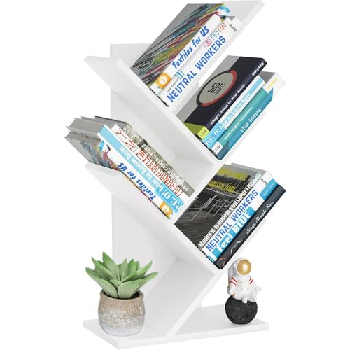 Accmuzzy Bibliothèque en forme d'arbre, en bois, à 4 niveaux, petite étagère d'angle pour livres, CD, étagère de bureau – Facile à monter (blanc, 68 cm, 4 niveaux)