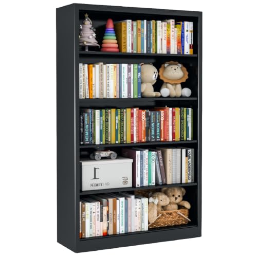 Image of VASAAOSD 55 inch Black Bookshelf, 5 Tier Adjustable Metal Bookcase | Adjustable Design, Anti-Tilt Device, Easy Assembly Toy Storage Organizer, for Bedroom, Study, Office, Classroom